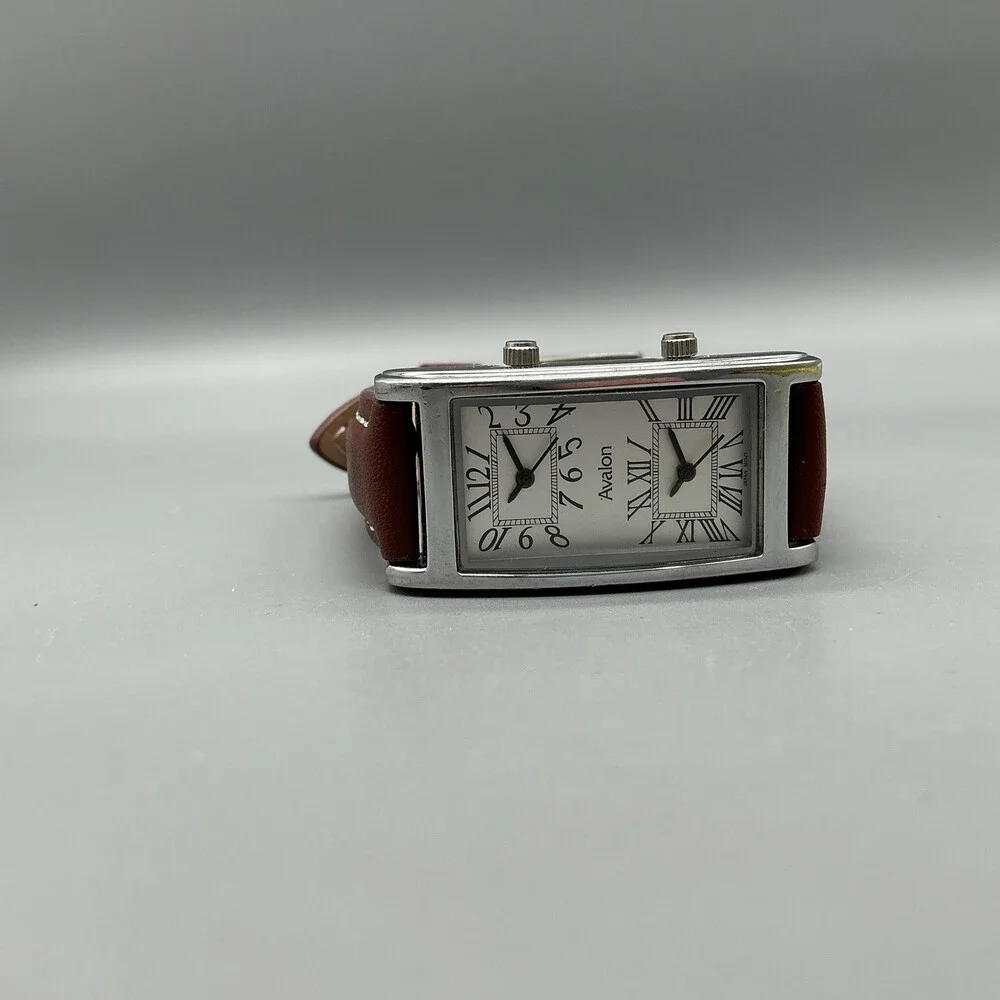 Avalon Dual Time Womens Watch 23mm Silver Dial Brown Leather Strap New Battery